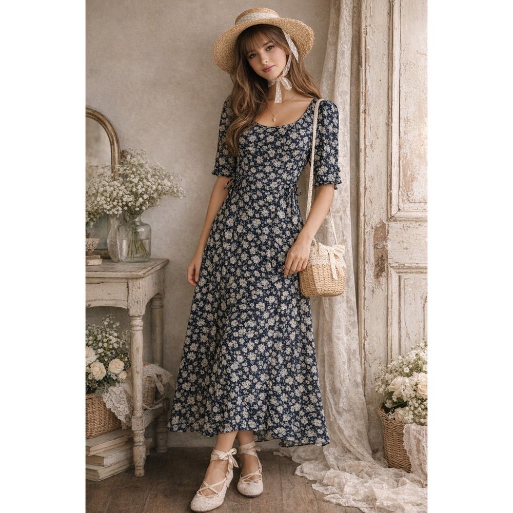 Vintage D.B.Y Maxi Dress Womens FITS XS 2 Navy Floral Cottagecore Prairie Boho